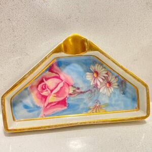 Vtg Limoges Made in France Small Ashtray/Trinket Rose Hand Painted Golden Detail